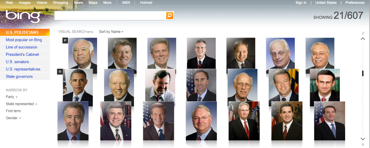 Bing US Politicians Search, showing Barack Obama and a bunch of generic people